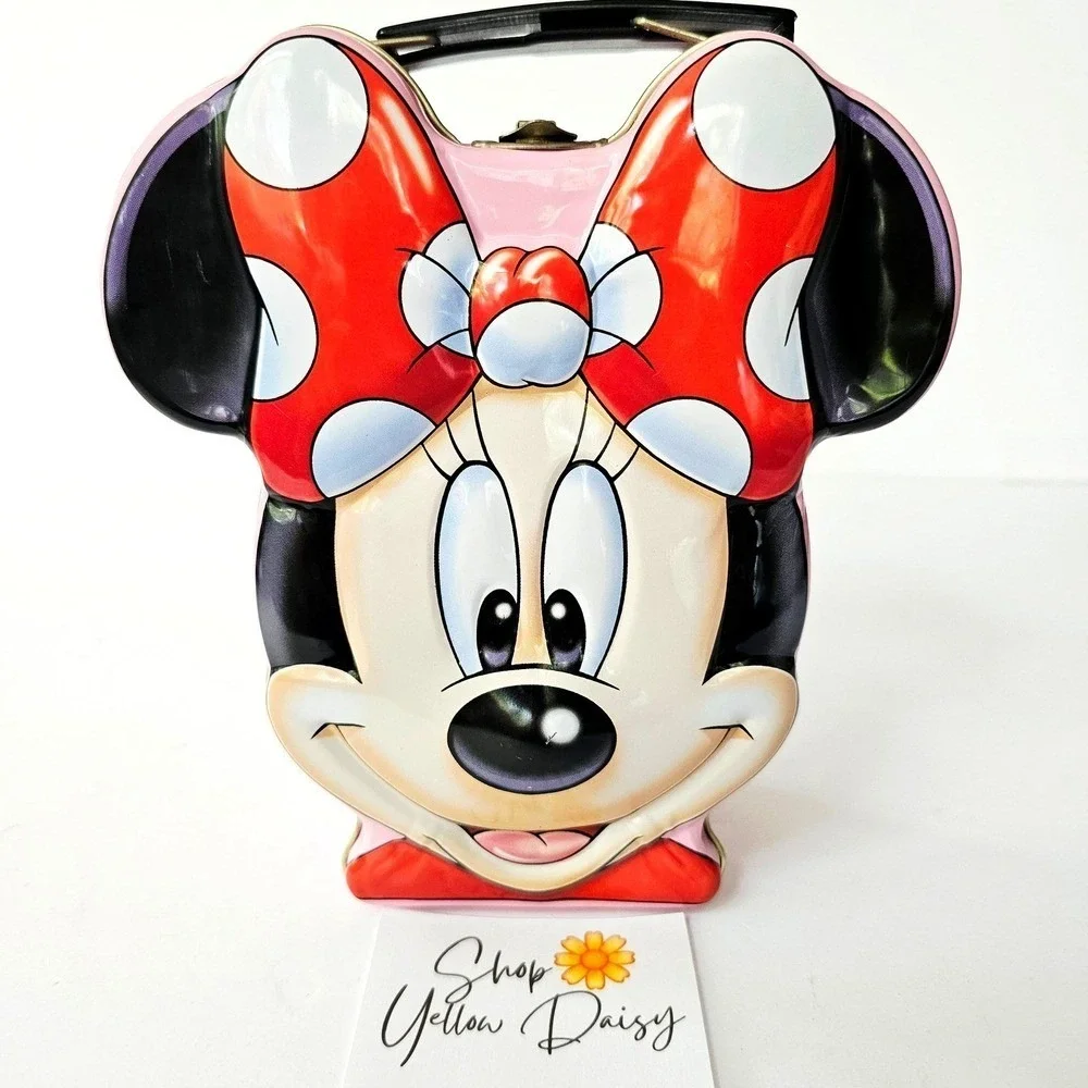 Disney‎ Minnie Mouse Shaped Tin Lunch Box Pink Embossed Metal Collectible Case